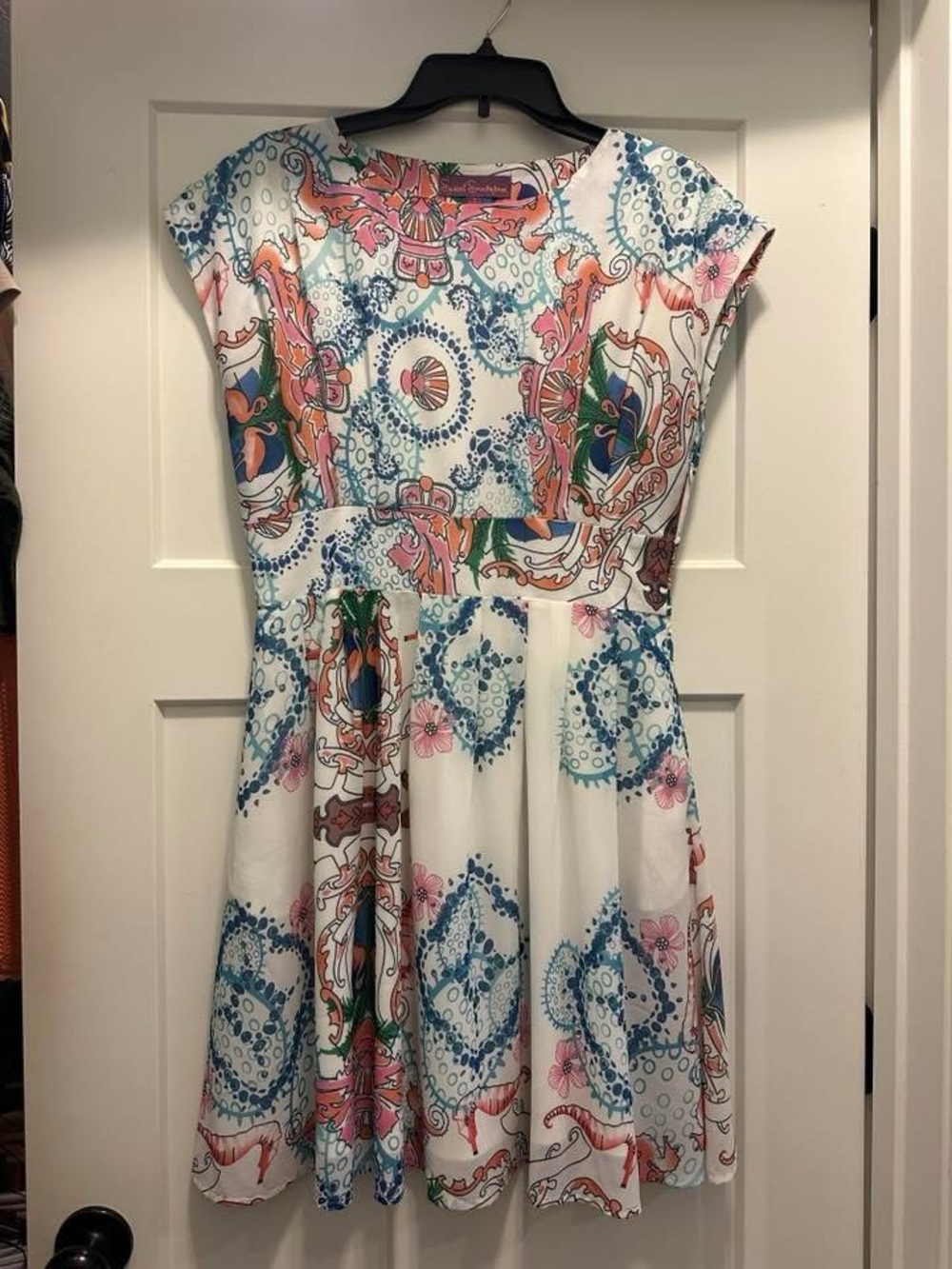 Floral Medallion Fit-and-Flare Dress - White with Blue & Pink with Pockets